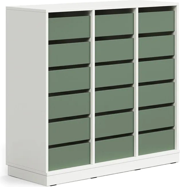 Úložná skrinka CASPER, 18 zásuviek, so soklom, biela/tmavozelená
