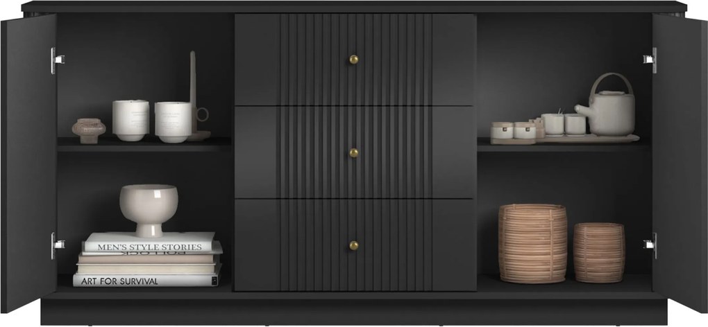 Komoda so zásuvkami Vesper 160 cm na sokli - čierna / zlaté úchytky