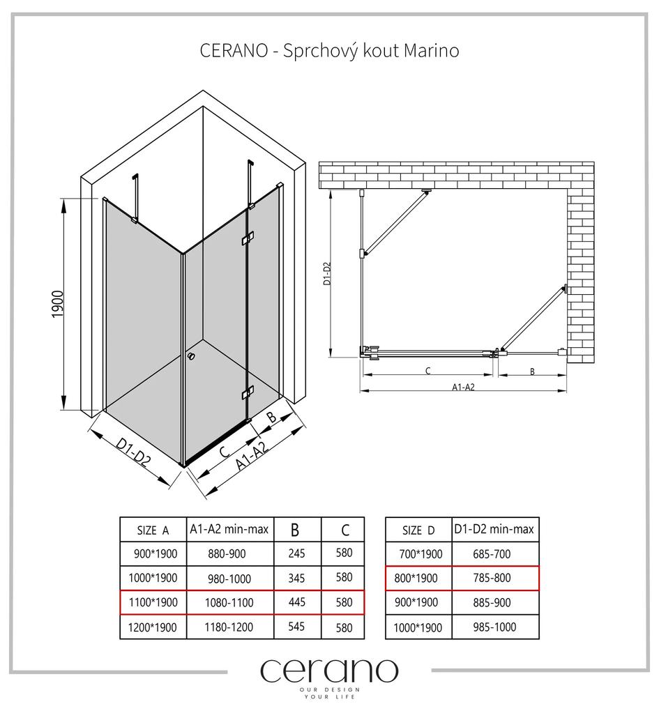 Cerano Marino, sprchovací kút 110(dvere) x 80(stena) x 190 cm, 6mm číre sklo, čierny profil, CER-CER-422886