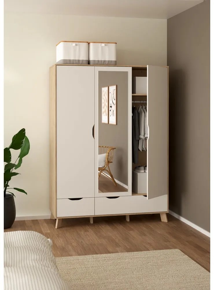 Biela/v prírodnej farbe šatníková skriňa v dekore duba so zrkadlom 147x201x58 cm Ikast – Tvilum