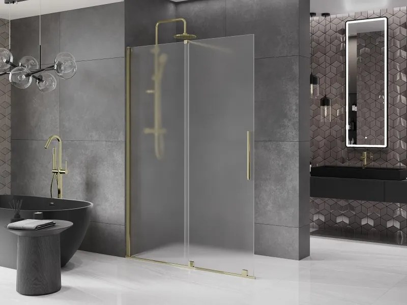 Mexen Velar, sprchová zástena s posuvnými dverami Walk-in 150 x 200 cm, 8mm sklo námraza, zlatá lesklá, 871-150-000-33-50