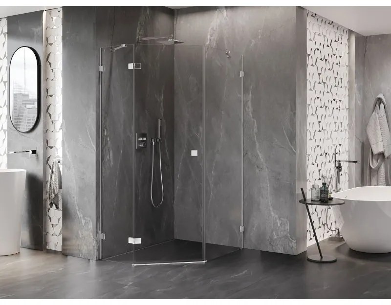 Mexen Lunar, päťuholníkový sprchový kút s ľavým sklonom 90 x 100 cm, 8mm číre sklo, chrómový profil, 831-090L-100P-01-00-L