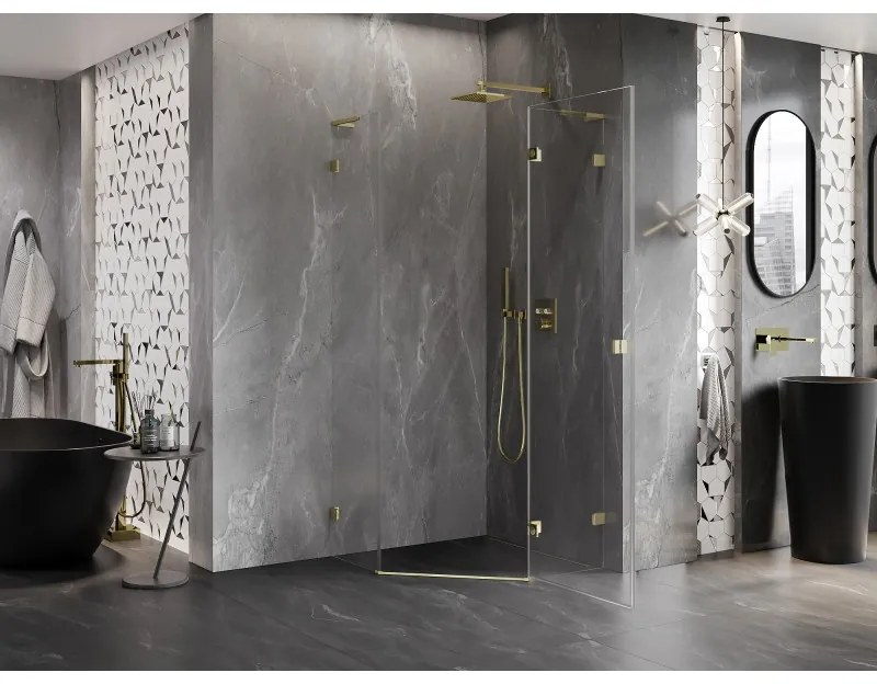 Mexen Lunar, L pravý výklopný päťuholníkový sprchový kút 80 x 80 cm, 8mm číre sklo, zlatý profil, 831L-080P-080L-50-00-P
