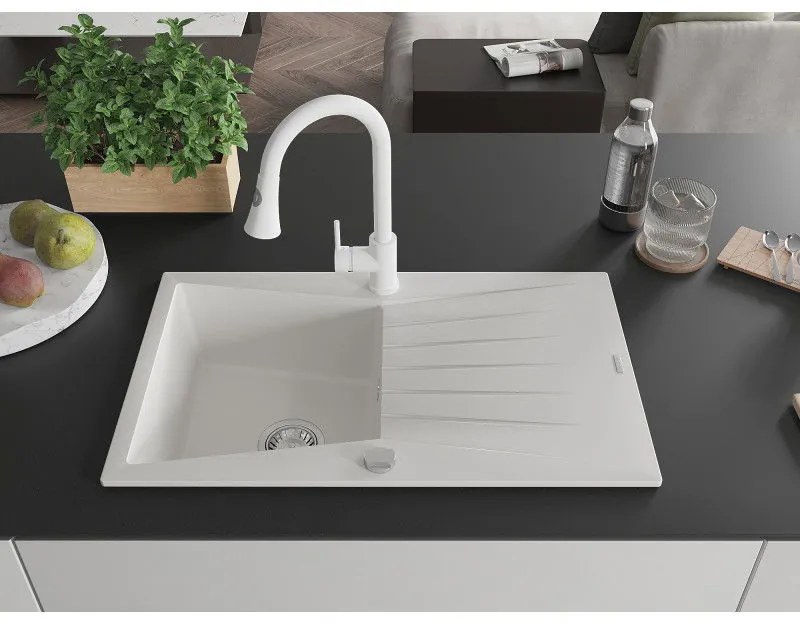 Mexen Cesar, 1-komorový granitový drez 775x470x190 mm a drezová batéria Elia, biela, 6514-20-670101-20