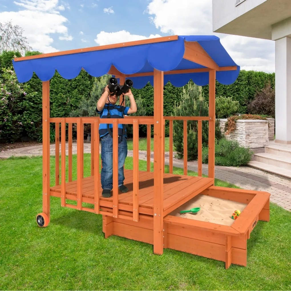 Pieskovisko s verandou HAPPY, 130x130x143 cm, hnedá/modrá Jurhan