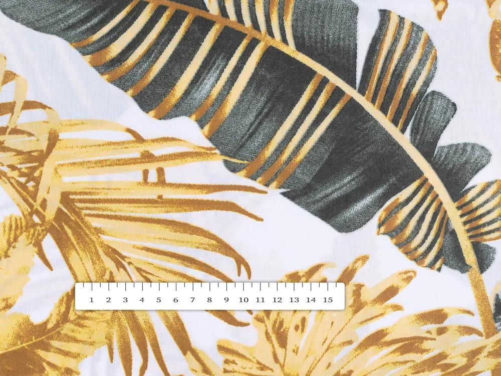 Biante Bavlnený obdĺžnikový obrus Sandra SA-388 Sivozelené a zlaté tropické listy na bielom 100x160 cm
