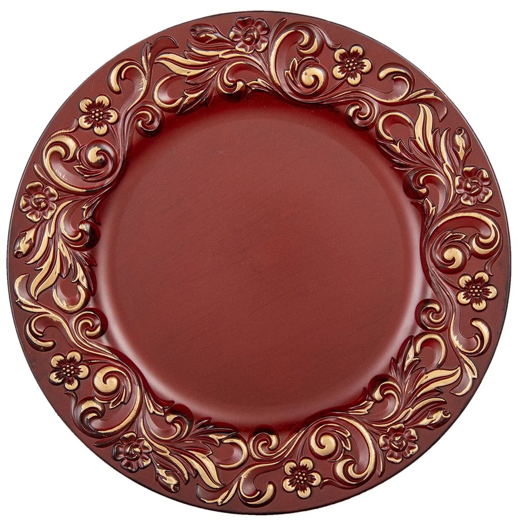 Červeno zlatý plastový dekoratívne tanier s ornamentami - Ø 33 * 2 cm