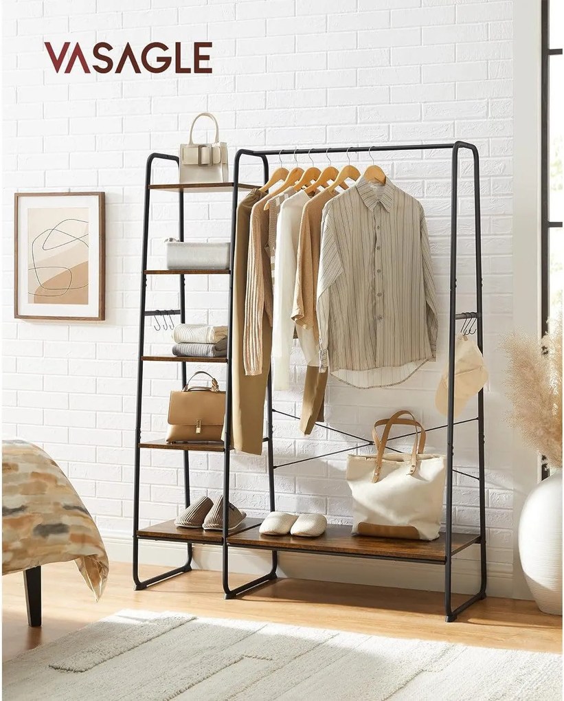 Stojan na šaty s 5 policami a háčikmi, rustikálny hnedý