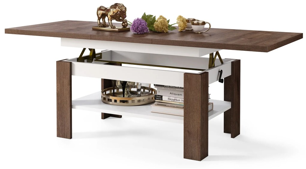 RIO Dub hnedý / Biely matný - KONFERENČNÝ STOLÍK ROZKLADACÍ A ZDVÍHACÍ