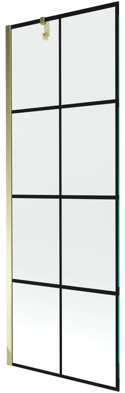 Mexen Next, vaňová zástena 1-krídlová 70 x 150 cm, fixné krídlo, 6 mm číre sklo s čiernym vzorom, zlatý profil, 895-070-000-00-77-50