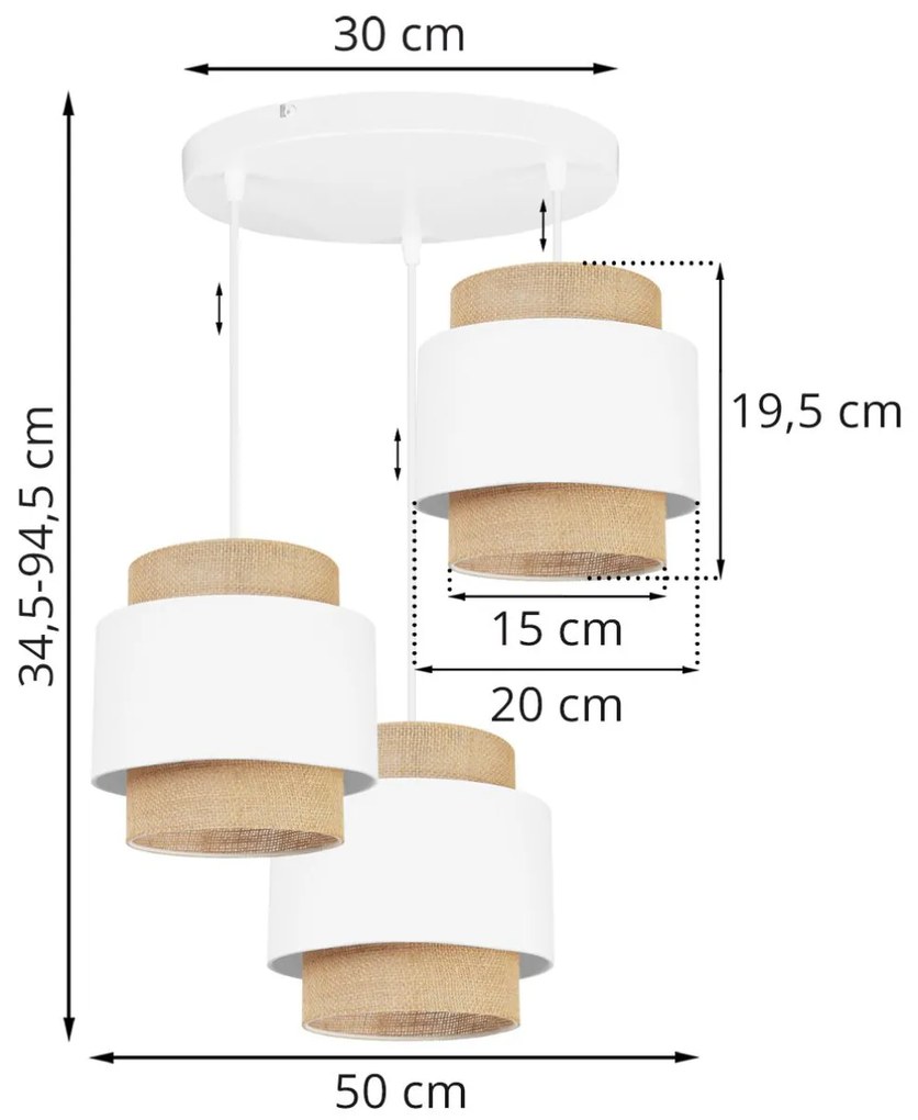 Závesné svietidlo BOHO, 3x jutové/biele textilné tienidlo, O