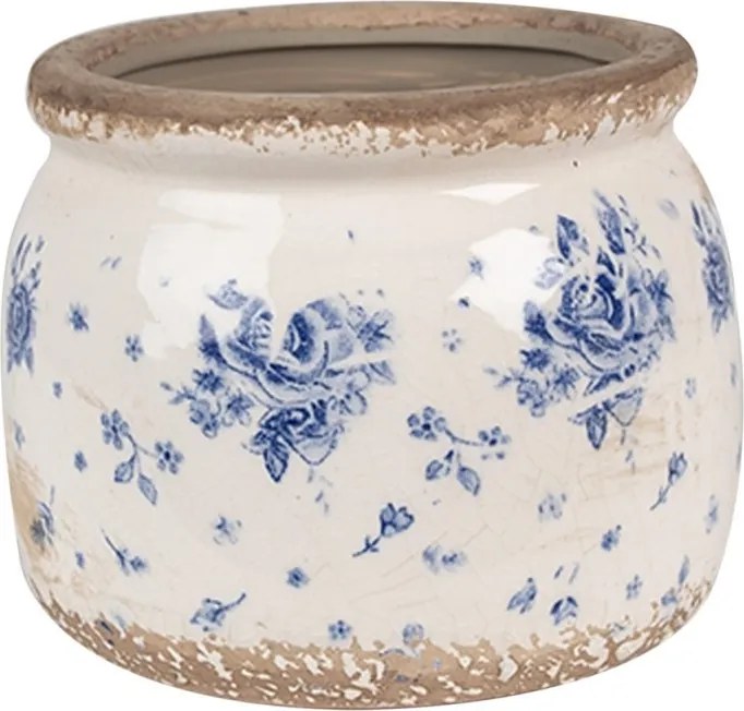Béžový keramický obal na kvetináč s modrými ružami Blue Rose - Ø 12*10 cm