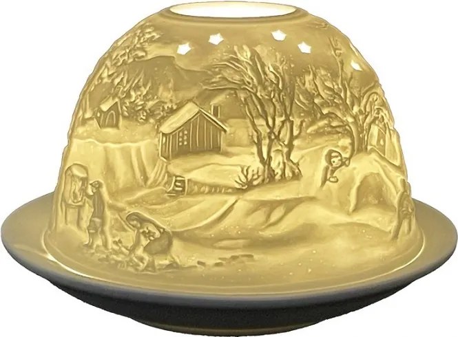 Biely porcelánový svietnik na čajovú sviečku s vianočnou dedinkou Paollo - Ø 12 * 8 cm