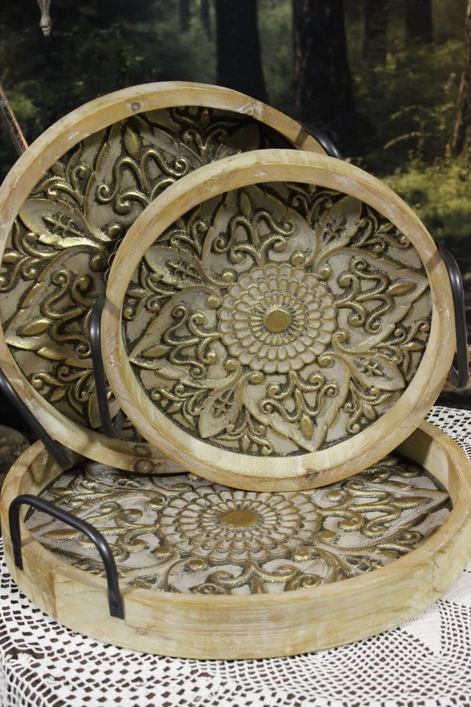 Zlaté tácky okrúhle 3-set s kovovým mandela vzorom