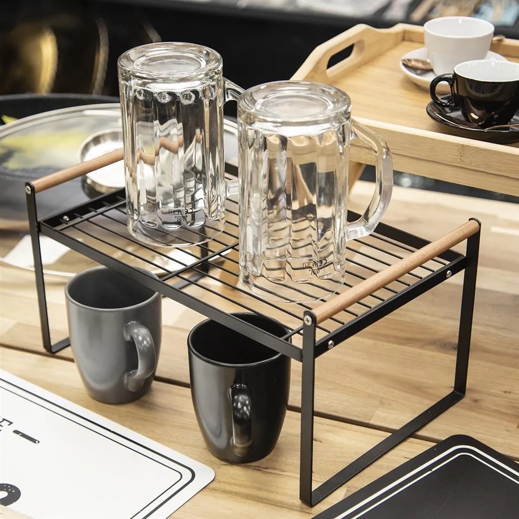 Orion Prídavná polica s drevenými madlami, odkvapkávač, čierny kov RADKA 35x22x18