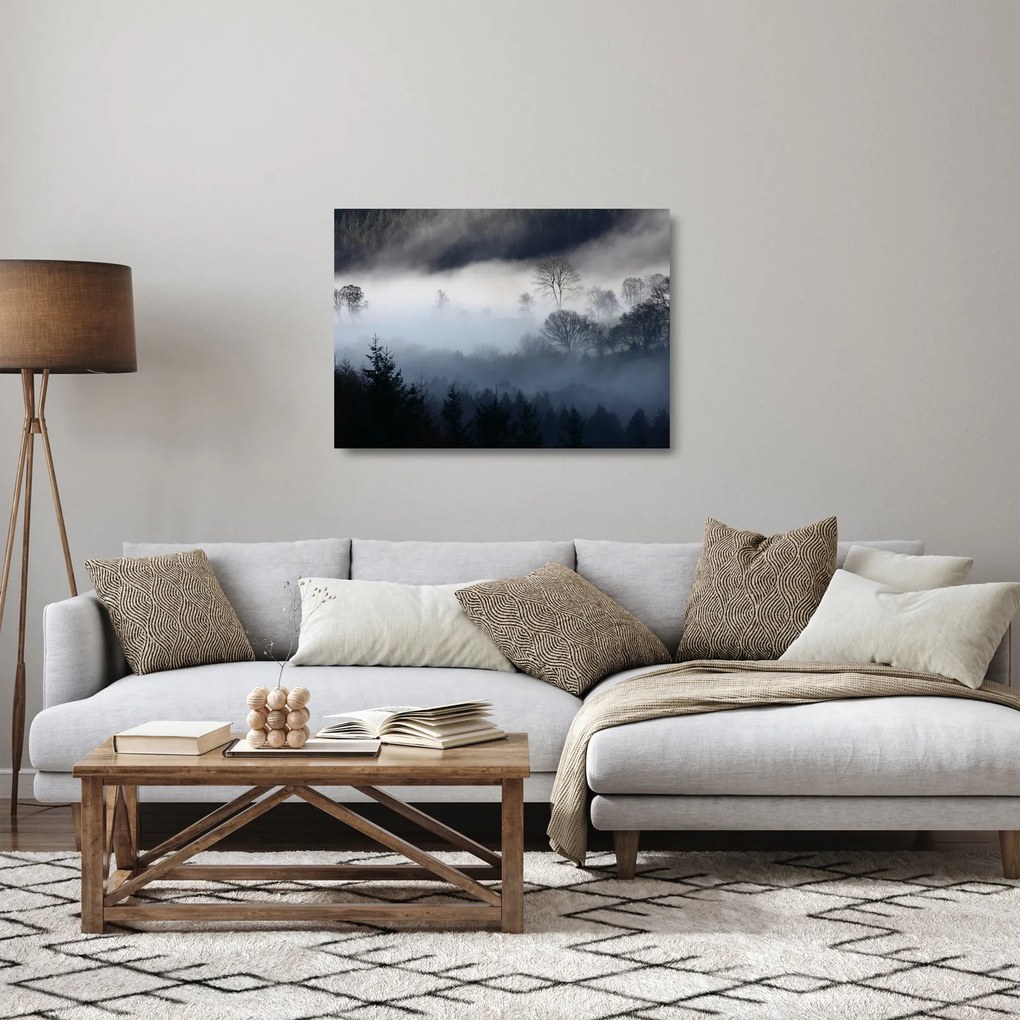 Sklenený obraz hmly nad lesom (70x50 cm)