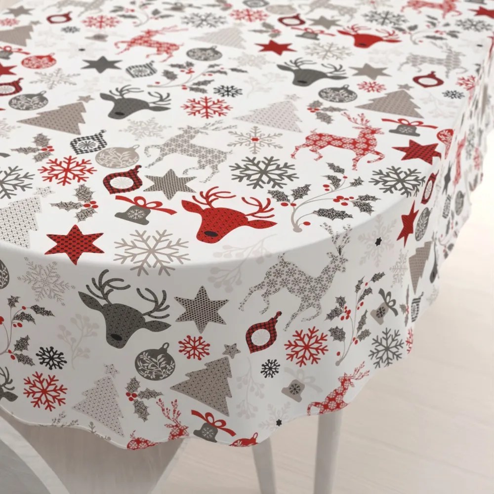Biante Bavlnený oválny obrus Sandra SA-541 Sivo-červené vianočné motívy na bielom 140x220 cm