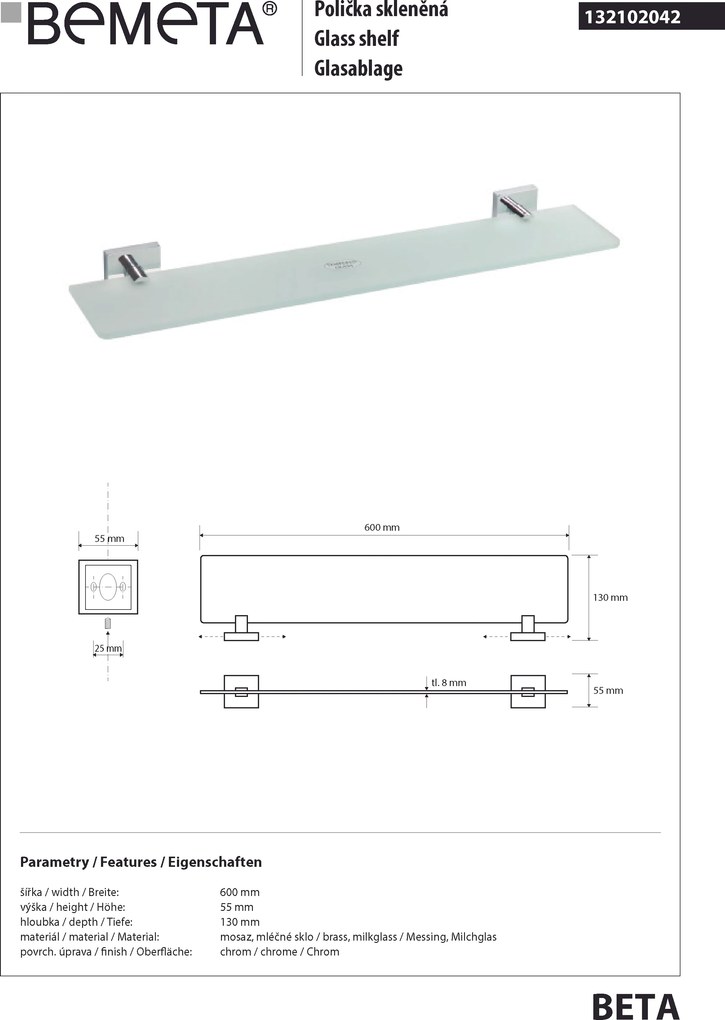 Bemeta Design BETA: Polička, 600 mm, sklo - 132102042