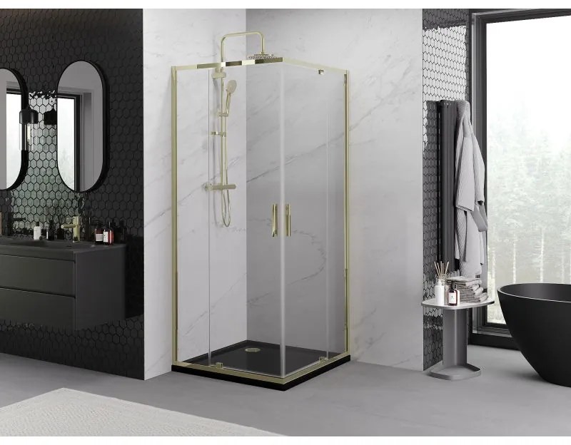 Mexen Exo, výklopný štvorcový sprchový kút 80 x 80 cm, číre sklo, zlatá, 8110-080-080-50-00