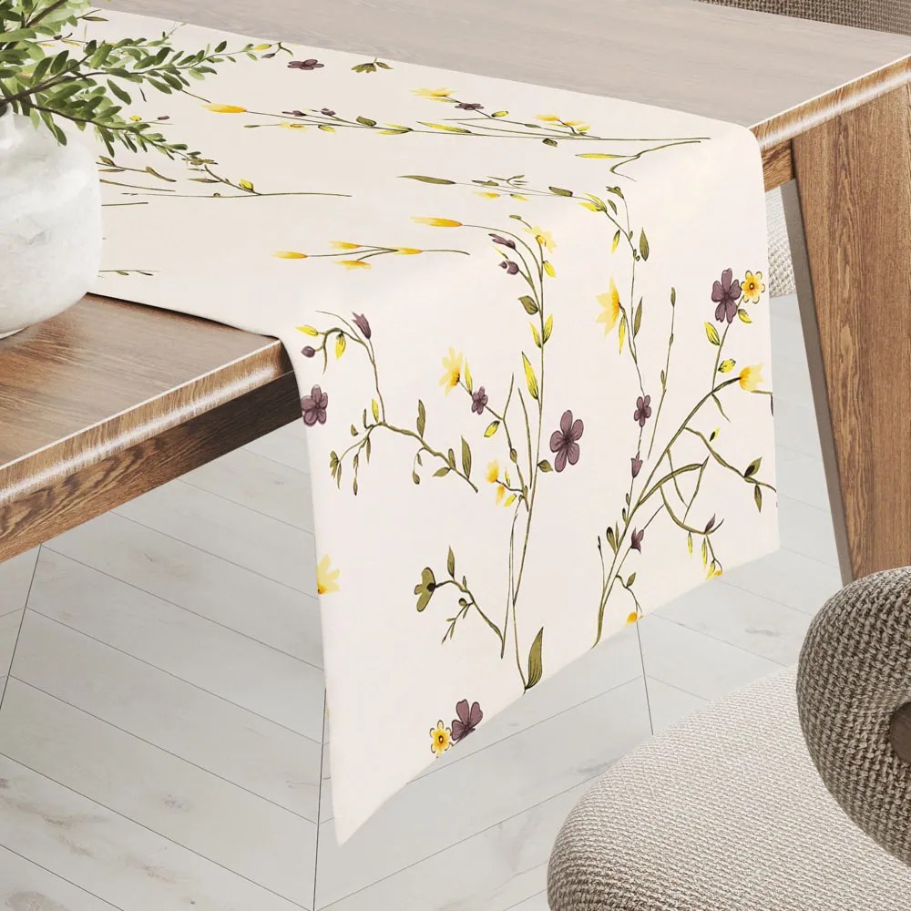 Biante Bavlnený behúň na stôl Sandra SA-496 Žlté a hnedofialové lúčne kvietky na krémovom 35x140 cm