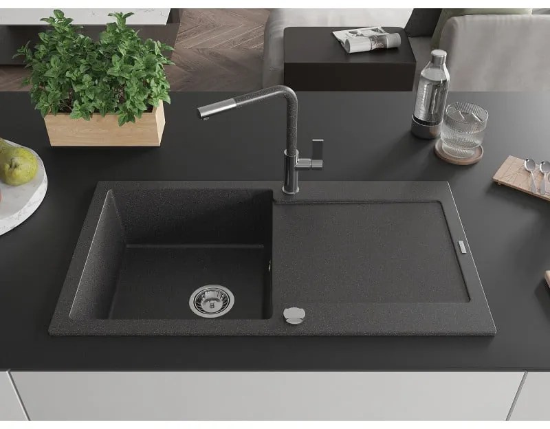 Mexen Leo, 1-komorový granitový drez 900x500x190 mm a drezová batéria Flora, čierna škvrnitá, 6501-76-670401-08