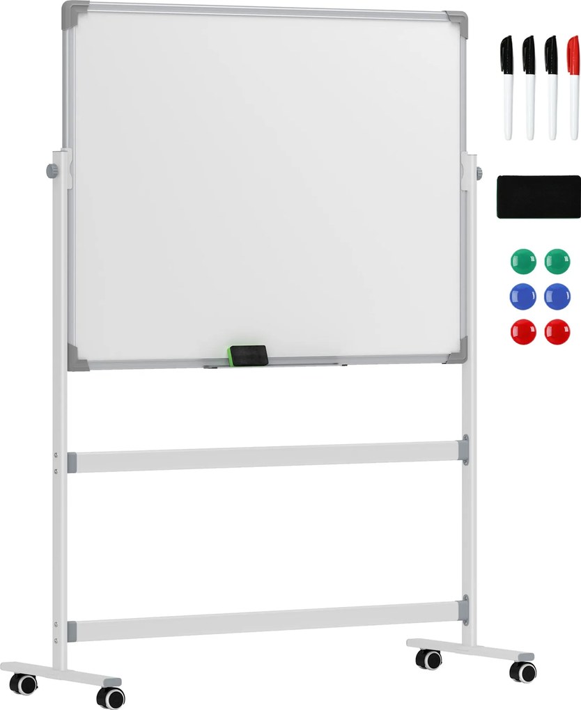 HOMCOM Obojstranná Magnetická Tabuľa 120 x 90 cm s Hliníkovým Rámom a Držiakom na Pero, Rotujúca Mobilná Magnetická Tabuľa pre Kanceláriu a Domov | Ao
