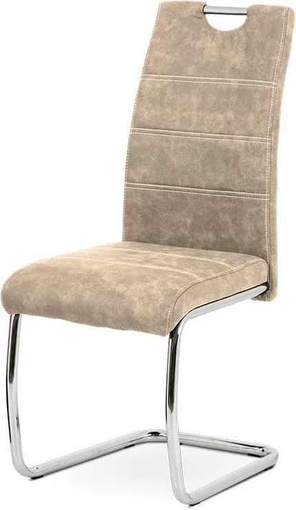 Jedálenská stolička, poťah krémová látka COWBOY v dekore vintage kože, kovová chrómovaná perová podnož