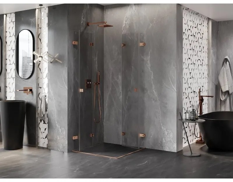 Mexen Lunar-F Duo, skladací sprchový kút 85 x 85 cm, 8mm číre sklo, profil medená matná, 836-085L-085P-65-00