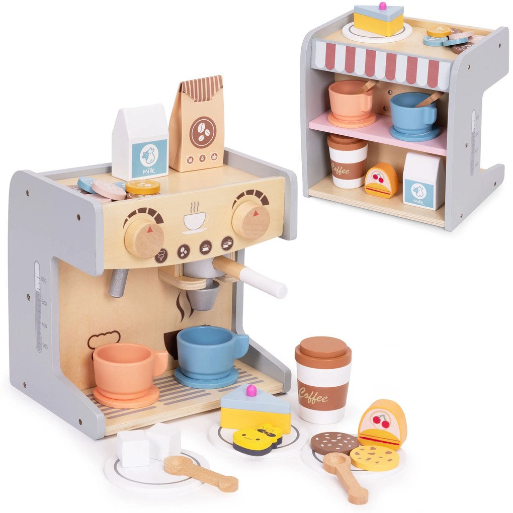 Drevený kávovar pre deti 2 v 1, 26 príslušenstva, ECOTOYS