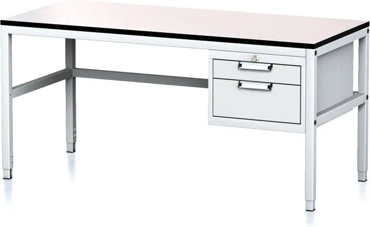 Nastaviteľný dielenský stôl MECHANIC II, 2 zásuvkový box na náradie, 1600x700x745-985 mm, sivá