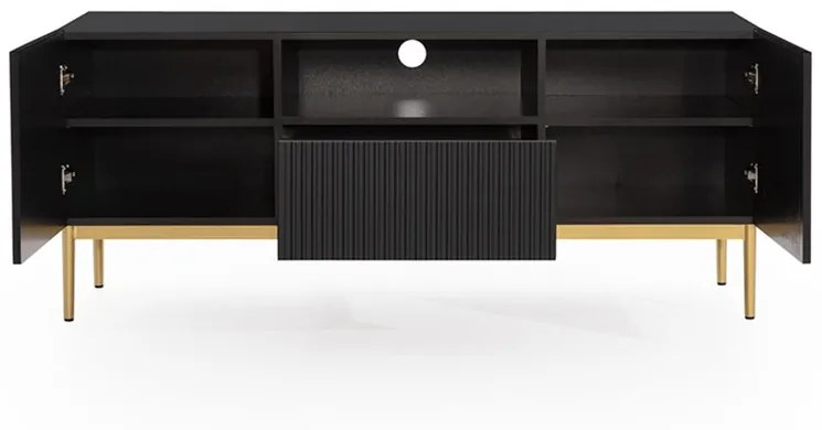 TV stolík Nicole 150 cm s otvorenou policou - čierny mat / zlaté nožičky