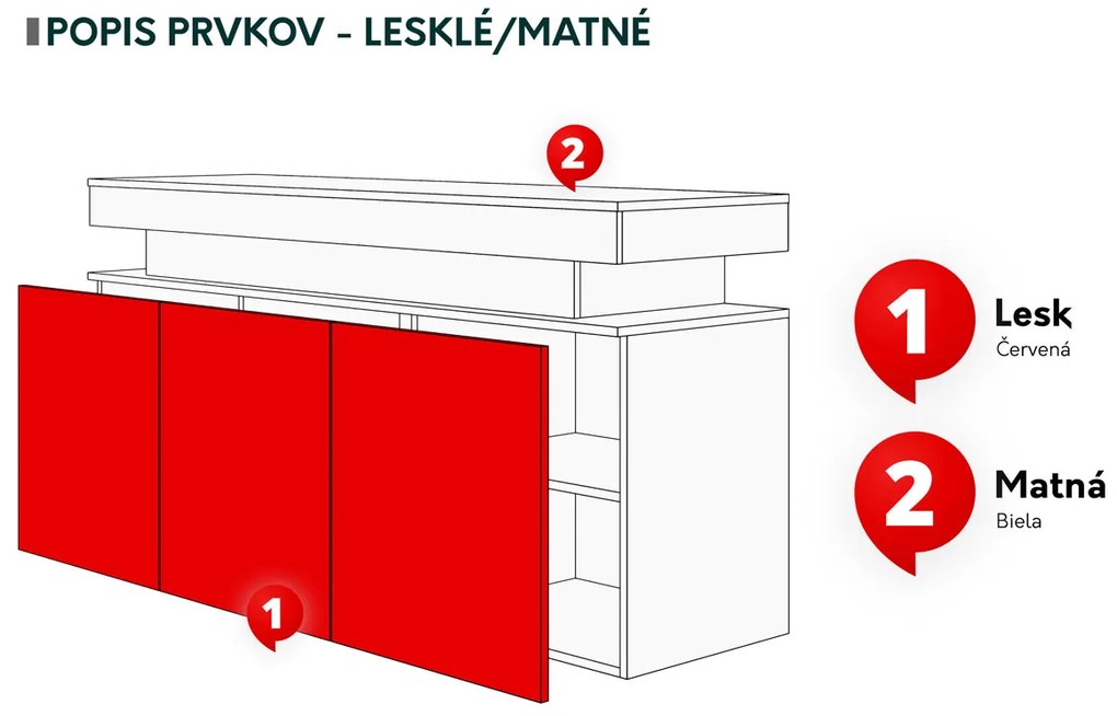 Komoda s LED osvetlením Lestirola 3D 160, Farba: biela / biely lesk