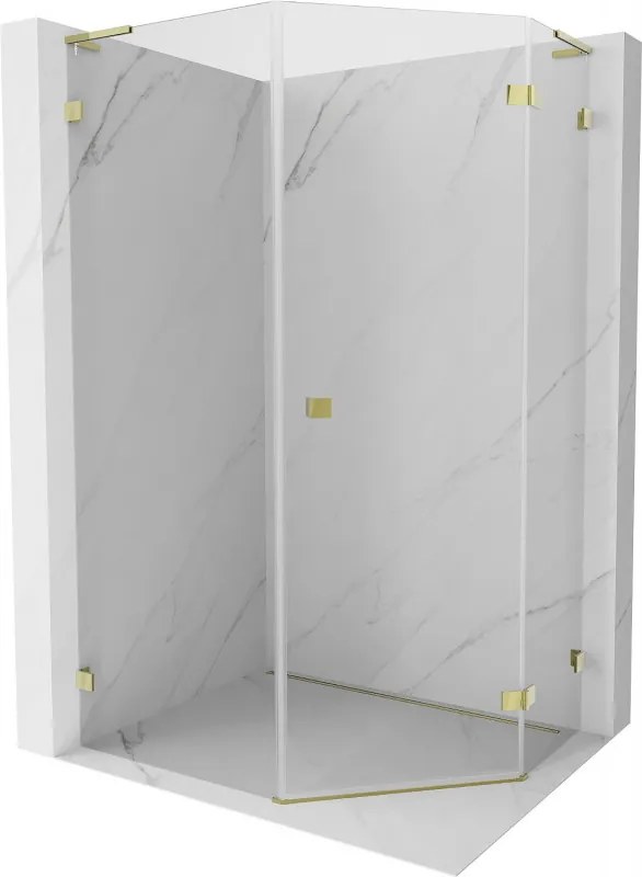 Mexen Lunar, L pravý výklopný päťuholníkový sprchový kút 80 x 100 cm, 8mm číre sklo, zlatý profil, 831L-080P-100L-50-00-P