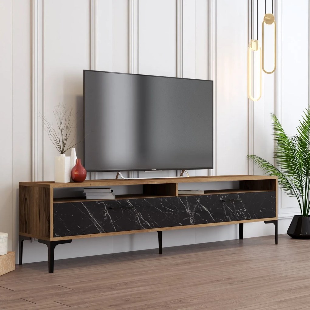 TV stolík/skrinka Irma 2 (orech + čierny mramor). Akcia -18%. Vlastná spoľahlivá doprava až k Vám domov. 1088904
