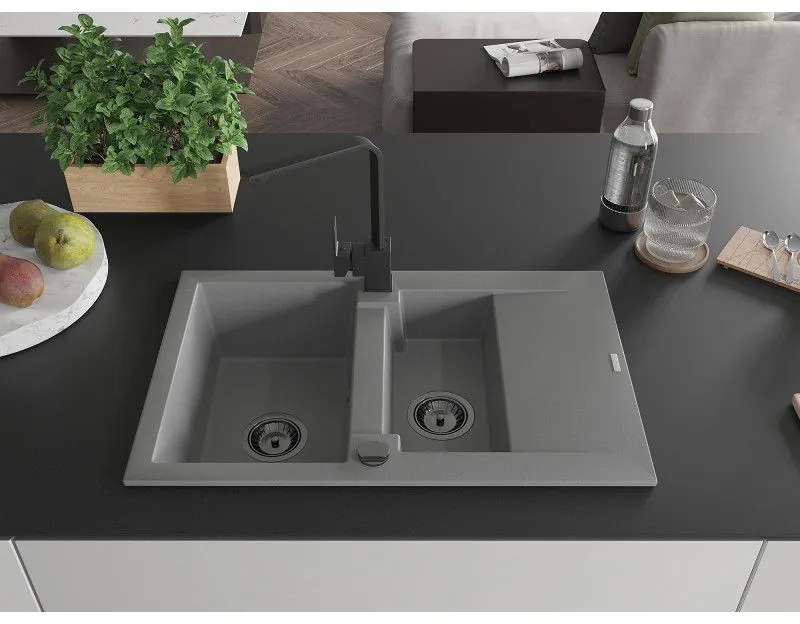 Mexen Gaspar, granitový drez 737x475x177 mm, 1,5-komorový a čierna batéria Rita, šedá, 6507-71-670300-70-B