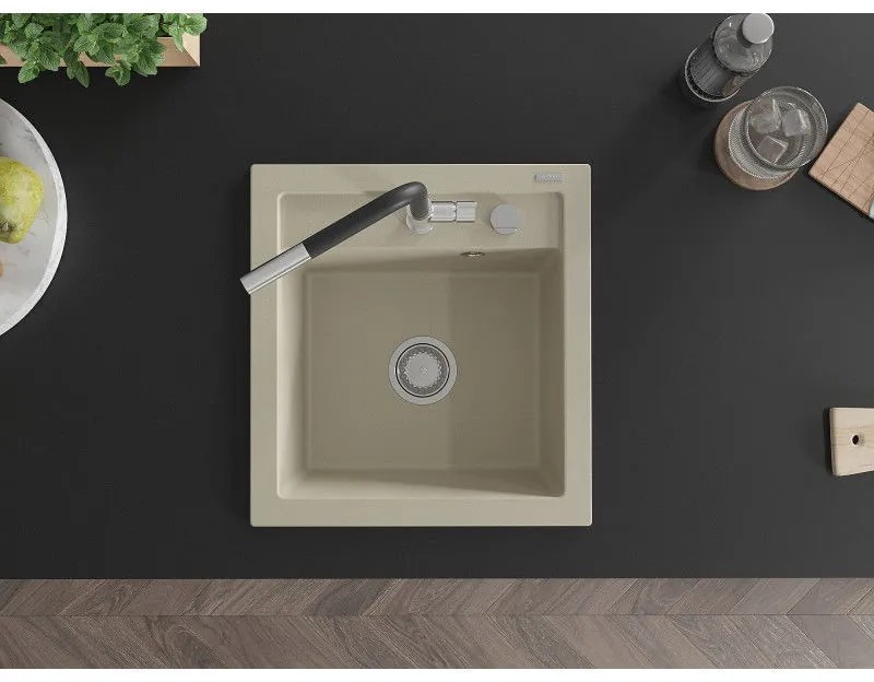 Mexen Vito, 1-komorový granitový drez 490x520x210 mm a drezová batéria Flora, béžová, 6503-69-670401-07