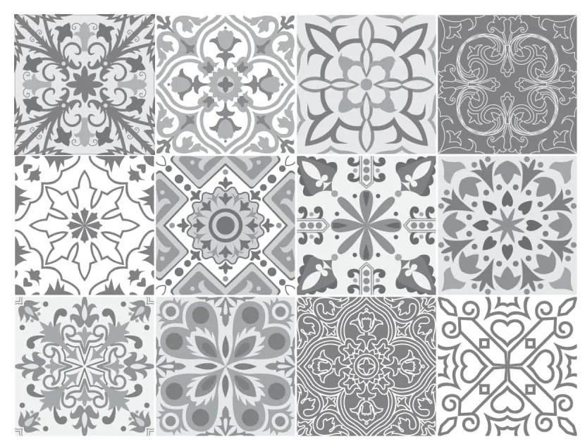 Sada 12 nástenných samolepiek Ambiance Wall Decal Tiles Grey and White Torino, 15 × 15 cm