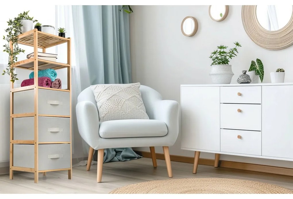 G21 Bambusový regál s košíkmi, 5 políc, béžová, 5 poschodí