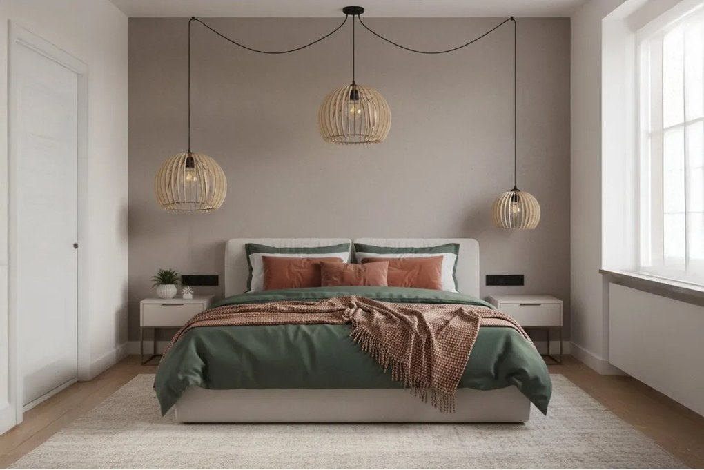 Závesné svietidlo Timber Spider 6, 3x drevené tienidlo