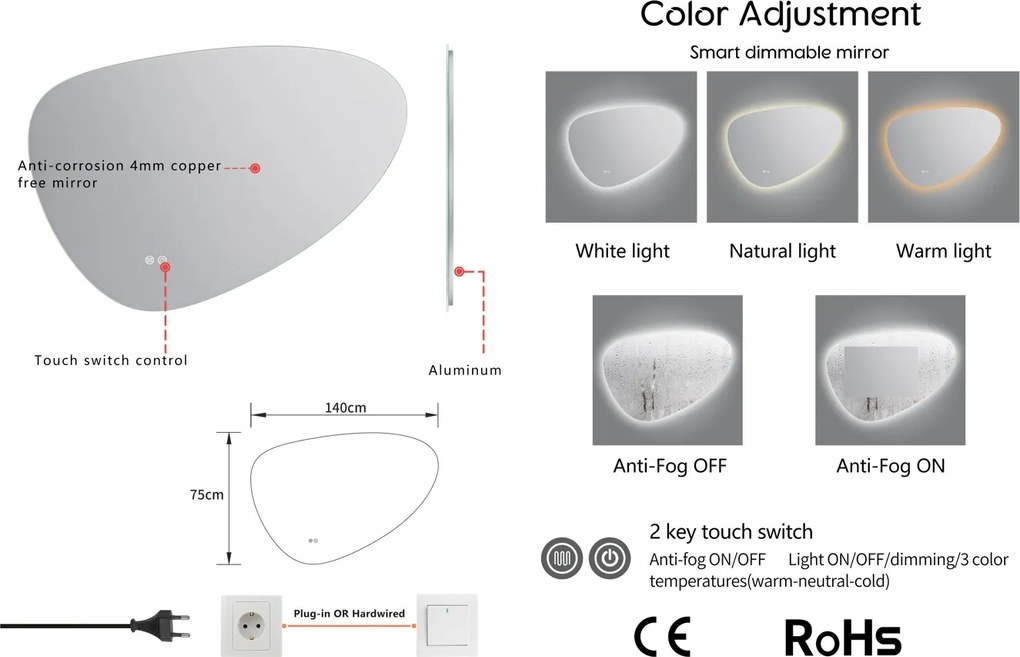 Erga Amelia, asymetrické LED zrkadlo 140x75 cm, 4477 lm, 3 farby svetla, zadné osvetlenie, ERG-V01-407-1475-00