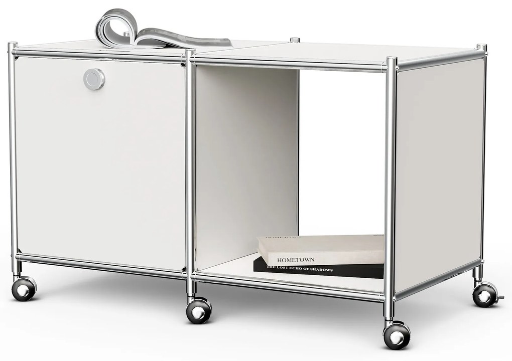 Kovový nočný stolík »CN3« s 1 výklopným priečinkom a kolieskami, biely