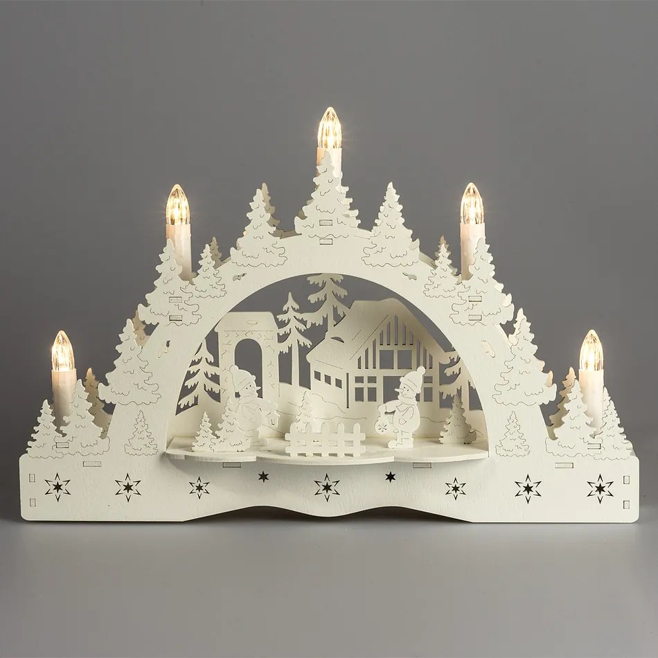 Vianočný LED svietnik Zimná krajina, chalúpka a snehuliak, 35 x 23 x 7,5 cm