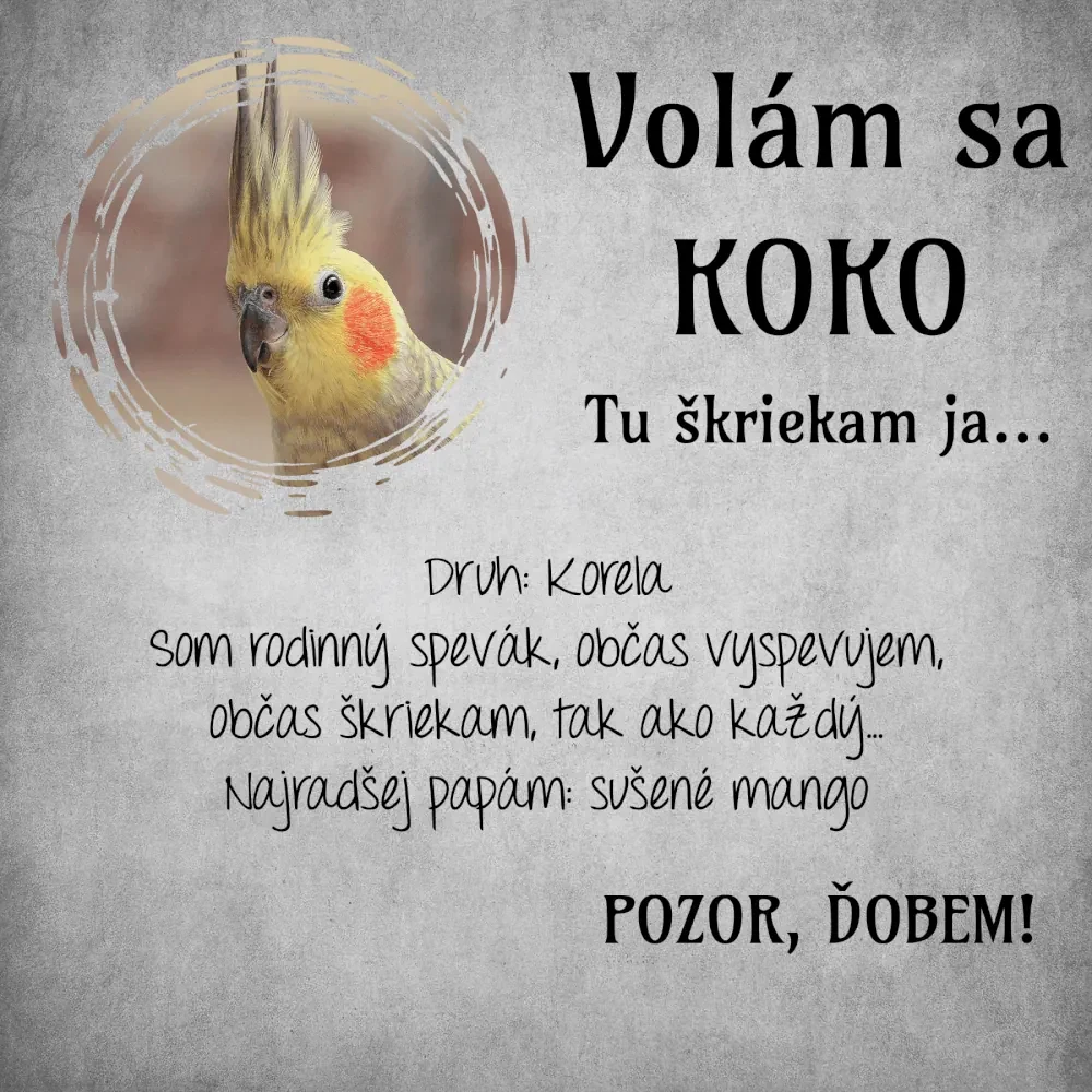 Obraz na stenu - Tabuľka na klietku s fotkou a menom vtáčika