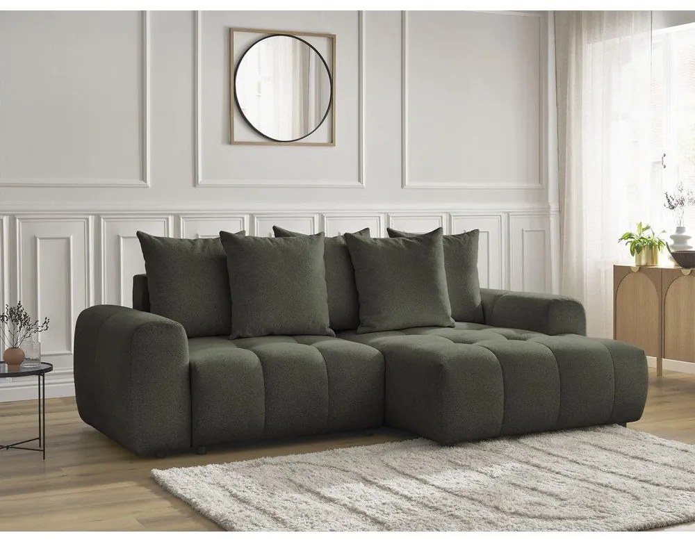 Kaki ženilková rozkladacia/s úložným priestorom rohová pohovka (pravý roh/s leňoškou) Roxelane – Bobochic Paris