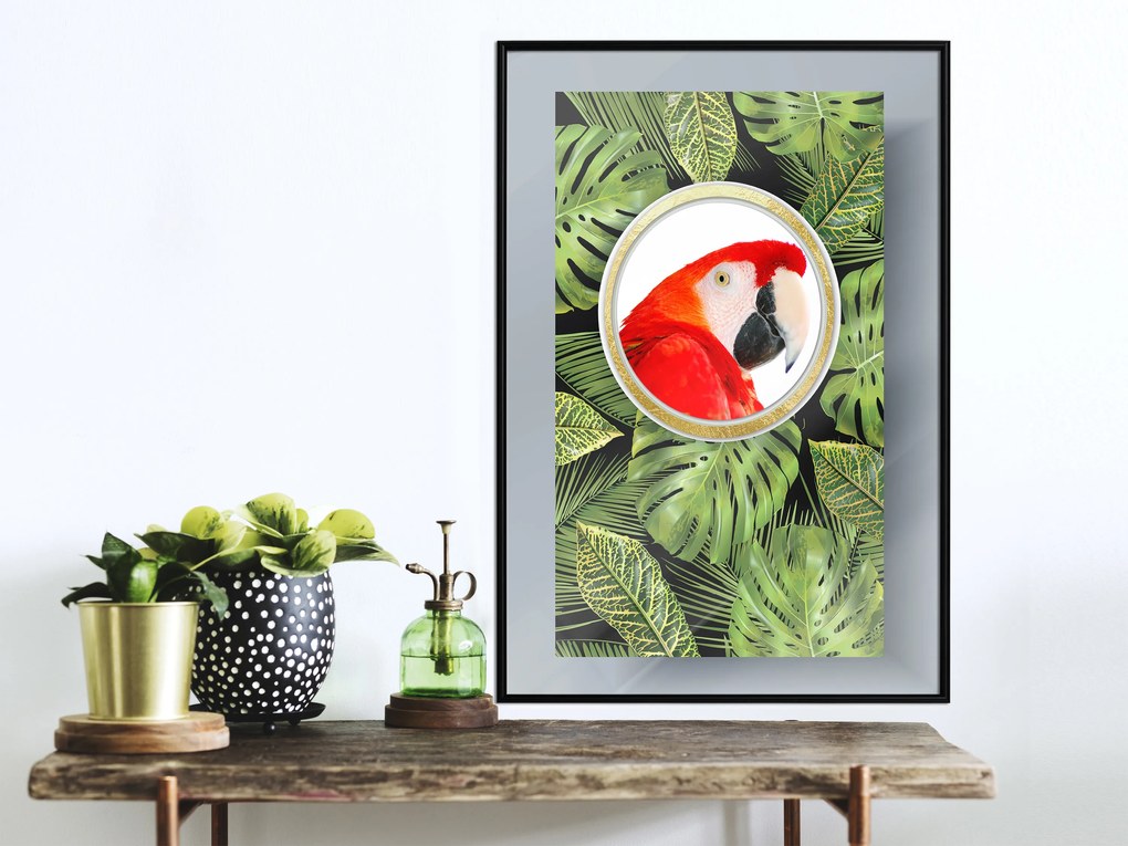 Artgeist Plagát - Parrot In The Jungle [Poster] Veľkosť: 20x30, Verzia: Zlatý rám s passe-partout