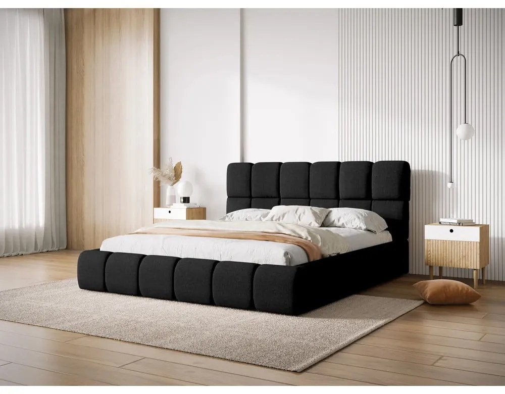 Čierna čalúnená dvojlôžková posteľ s úložným priestorom s roštom 180x200 cm Bellis – Micadoni Home