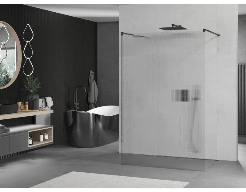 Mexen Kioto, sprchová zástena Walk-In 120 x 200 cm, 8mm sklo s rebrovým vzorom, čierny profil, 800-120-002-70-09