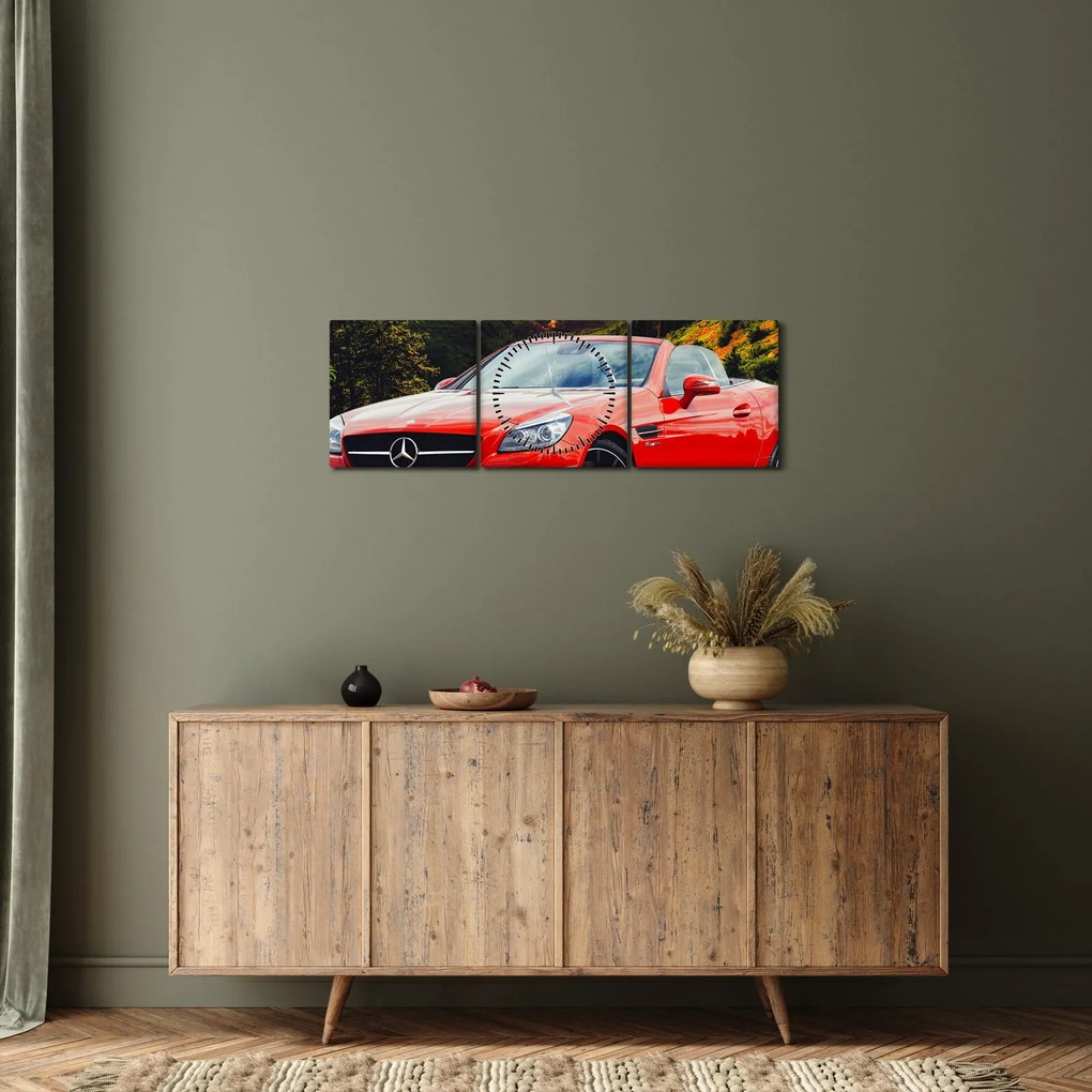 Obraz - červený Mercedes (s hodinami) (90x30 cm)