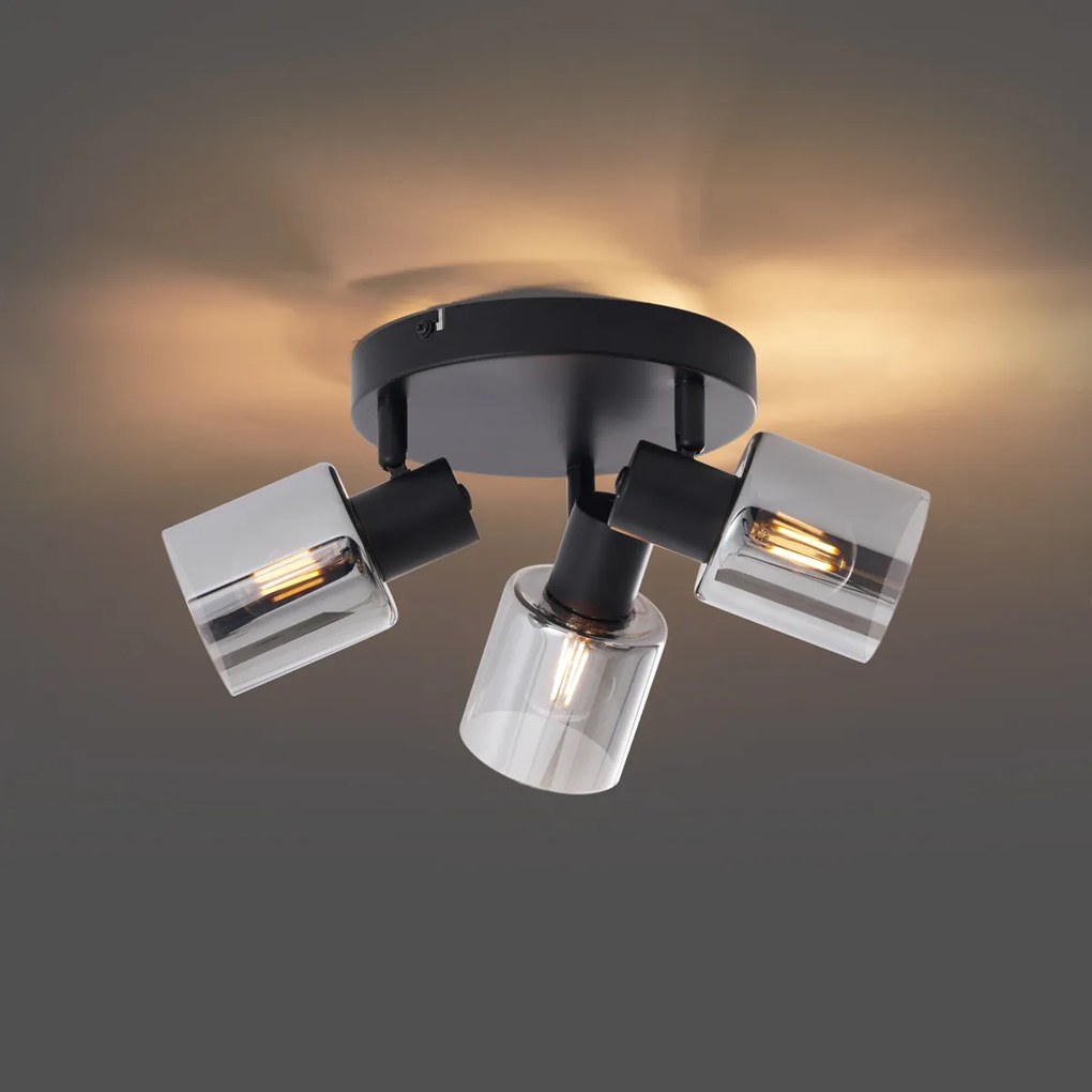 Moderné stropné svietidlo čierne s dymovým sklom okrúhle s 3 svetlami - Cilin
