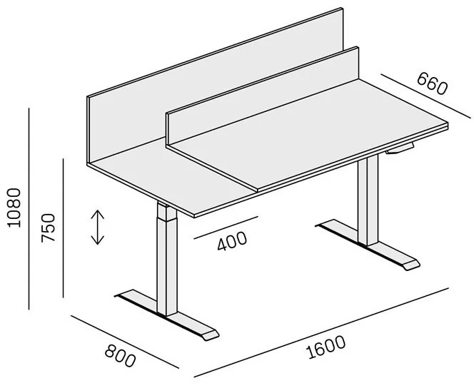 PLAN Kancelársky stôl SINGLE LAYERS, posuvná vrchná doska, s prepážkami, nastaviteľné nohy, biela / sivá